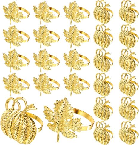 24 Pcs Thanksgiving Napkin Ring Set Includes 12 Pcs Fall Maple Leaf Napkin Rings, 12 Pcs Gold Halloween Napkin Rings Pumpkin Napkin Ring Holder Thanksgiving Napkin Holders for Dinner Table Party Decor in Kuwait