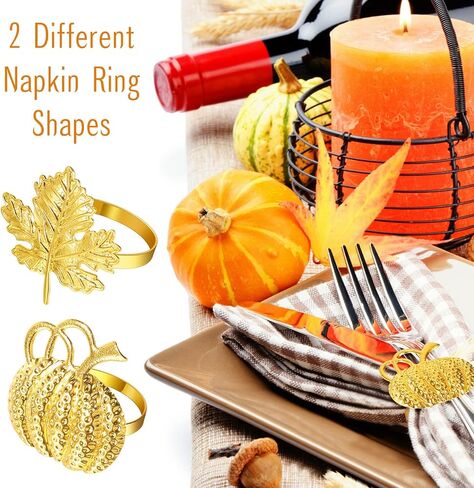 24 Pcs Thanksgiving Napkin Ring Set Includes 12 Pcs Fall Maple Leaf Napkin Rings, 12 Pcs Gold Halloween Napkin Rings Pumpkin Napkin Ring Holder Thanksgiving Napkin Holders for Dinner Table Party Decor in Kuwait