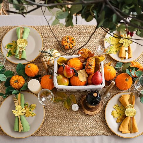 24 Pcs Thanksgiving Napkin Ring Set Includes 12 Pcs Fall Maple Leaf Napkin Rings, 12 Pcs Gold Halloween Napkin Rings Pumpkin Napkin Ring Holder Thanksgiving Napkin Holders for Dinner Table Party Decor in Kuwait