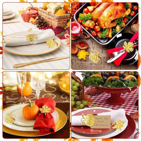 24 Pcs Thanksgiving Napkin Ring Set Includes 12 Pcs Fall Maple Leaf Napkin Rings, 12 Pcs Gold Halloween Napkin Rings Pumpkin Napkin Ring Holder Thanksgiving Napkin Holders for Dinner Table Party Decor in Kuwait