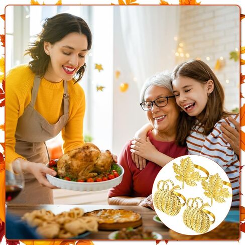 24 Pcs Thanksgiving Napkin Ring Set Includes 12 Pcs Fall Maple Leaf Napkin Rings, 12 Pcs Gold Halloween Napkin Rings Pumpkin Napkin Ring Holder Thanksgiving Napkin Holders for Dinner Table Party Decor in Kuwait