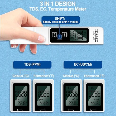 جهاز اختبار المياه الرقمي 3 في 1 TDS (مقياس TDS، درجة الحرارة ومقياس EC)، 0-9999 جزء في المليون مقياس دقيق وموثوق به للزراعة المائية، جودة مياه الشرب، الصنبور، البئر، حمام السباحة، حوض السمك in Kuwait