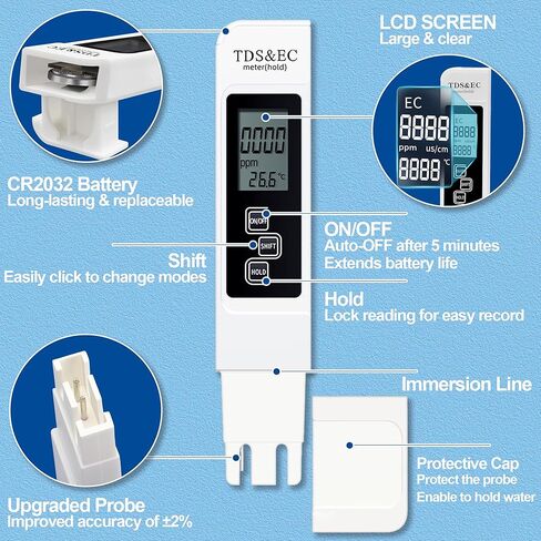 جهاز اختبار المياه الرقمي 3 في 1 TDS (مقياس TDS، درجة الحرارة ومقياس EC)، 0-9999 جزء في المليون مقياس دقيق وموثوق به للزراعة المائية، جودة مياه الشرب، الصنبور، البئر، حمام السباحة، حوض السمك in Kuwait
