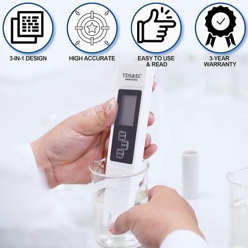جهاز اختبار المياه الرقمي 3 في 1 TDS (مقياس TDS، درجة الحرارة ومقياس EC)، 0-9999 جزء في المليون مقياس دقيق وموثوق به للزراعة المائية، جودة مياه الشرب، الصنبور، البئر، حمام السباحة، حوض السمك in Kuwait