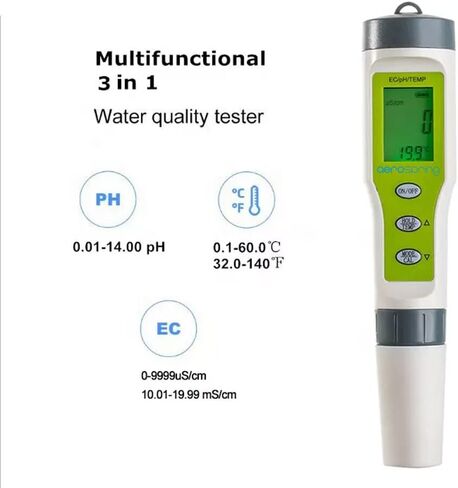AEROSPRING 3-in-1 Waterproof Multifunction Digital Meter, Measures Electrical Conductivity (EC), pH and Temperature Functions Specially Designed for Hydroponic Systems in Saudi Arabia
