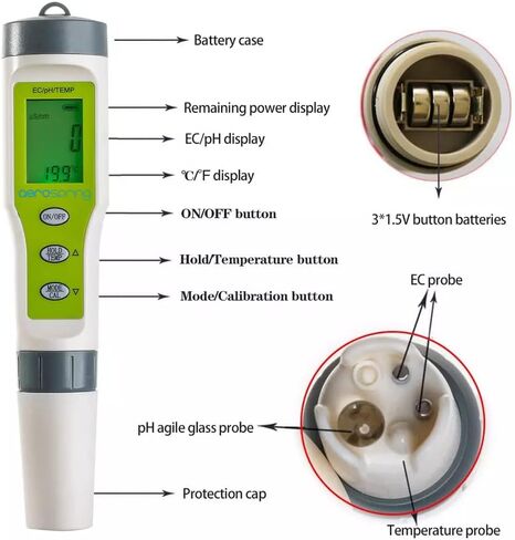 AEROSPRING 3-in-1 Waterproof Multifunction Digital Meter, Measures Electrical Conductivity (EC), pH and Temperature Functions Specially Designed for Hydroponic Systems in Saudi Arabia