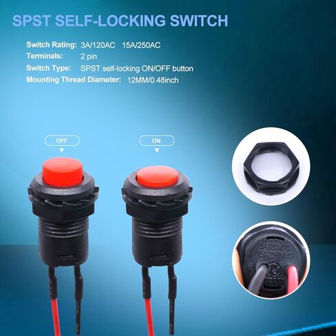 Twidec/6 قطعة مفتاح زر الضغط 12 مم SPST ذاتي القفل 6 ألوان إيقاف التشغيل 3A 120VAC مفتاح مع أسلاك ملحومة مسبقًا DS-428-6C-X in Kuwait