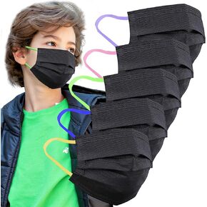 LUCIFER Kids Comfortable Safety Face Mask made for Children Aged 4-8, 3 Layer 100PCS Individual Packs Disposable Face Mask - Black with 5 Color Ear Loops in Kuwait