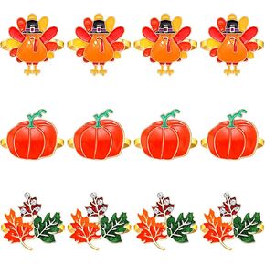 Thanksgiving Napkin Rings Set of 12, Fall Napkin Holders Harvest Pumpkin Maple Leaf Turkey Squirrel Napkin Rings for Thanksgiving Gathering Dinner Table Decor (Maple Leaf)