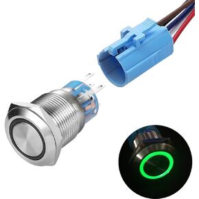 Momentary Push Button Switch 1NO1NC Waterproof Silver Stainless Steel Shell 12V LED Ring Switch with Wire Socket Plug Suitable for 19mm 3/4 Mounting Hole (Blue)