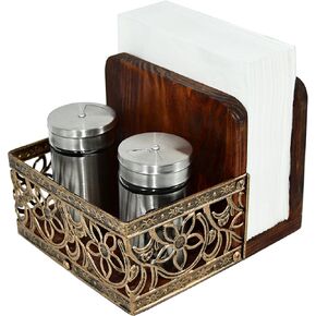 Owlgift Two-in-one Rustic Brown Wood Condiment Tabletop Serving Caddy with Napkin Holder, Metal & Wooden Napkin Holder, Freestanding Salt & Pepper Napkin Holder, Malfunction Salt Pepper Storage Holder