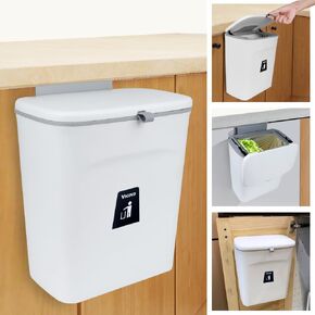 VIGIND 9L/2.4 Gallon Hanging Trash Can for Kitchen Cabinet Door with Lid, Small Under Sink Garbage Can,Trash Bin for Bathroom, Wall Mounted Counter Waste Compost Bin, Plastic  (White) in Kuwait