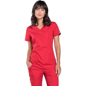 V-Neck Womens Scrubs Top Workwear Originals with Rib-Knit Back Panels WW645, S, Red in Saudi Arabia