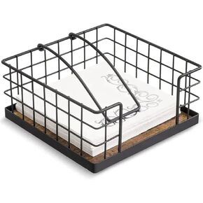 Rustic Napkin Holder for Table, Farmhouse Style Napkin Holder for Paper Napkins, Flat Napkin Dispenser with Weighted Arm, Black Metal & Wood Napkin Holder for Kitchen & Dining Table in Saudi Arabia
