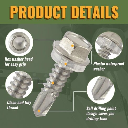 LIONMAX #10 × 1" Self Drilling Screws, Hex Washer Head Sheet Metal Screws, 304 Stainless Steel 18-8, Anti-Corrosion, 50 PCS in Saudi Arabia