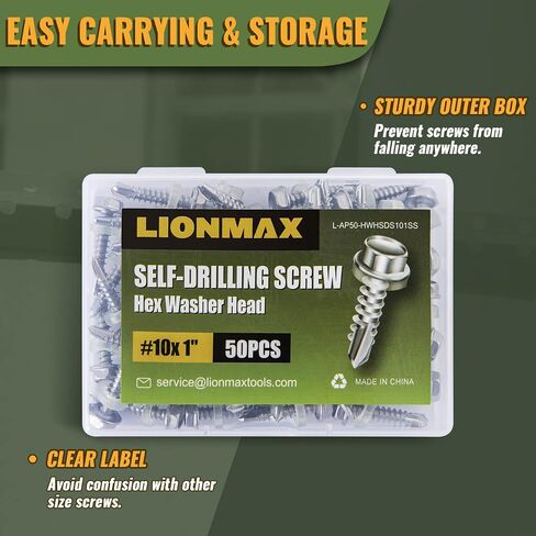 LIONMAX #10 × 1" Self Drilling Screws, Hex Washer Head Sheet Metal Screws, 304 Stainless Steel 18-8, Anti-Corrosion, 50 PCS in Saudi Arabia