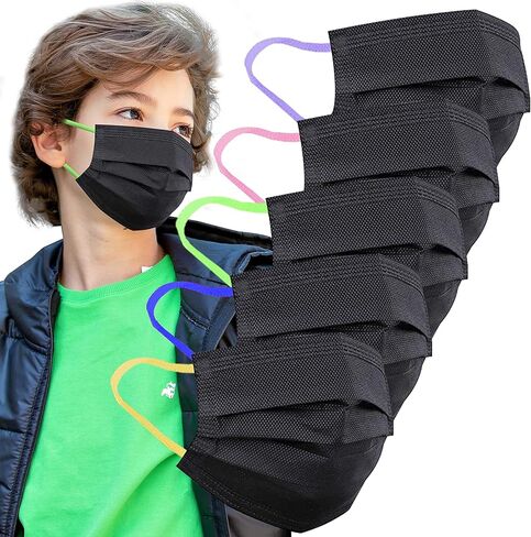 LUCIFER Kids Comfortable Safety Face Mask made for Children Aged 4-8, 3 Layer 100PCS Individual Packs Disposable Face Mask - Black with 5 Color Ear Loops in Kuwait