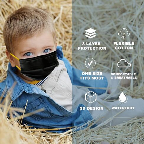 LUCIFER Kids Comfortable Safety Face Mask made for Children Aged 4-8, 3 Layer 100PCS Individual Packs Disposable Face Mask - Black with 5 Color Ear Loops in Kuwait