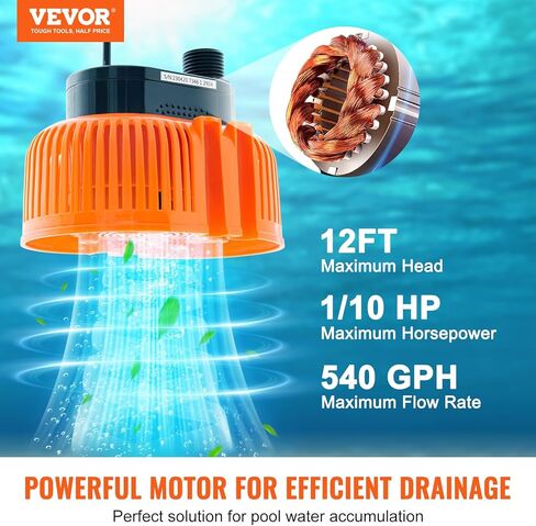 مضخة غطاء حمام السباحة VEVOR، 1/10 HP 540 GPH مضخة غاطسة غاطسة، مضخة إزالة المياه لتصريف حمام السباحة مع 3 محولات خرطوم | خرطوم صرف 16 قدم | سلك كهرباء 25 قدم، برتقالي in Kuwait