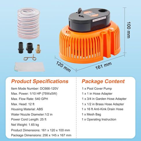 مضخة غطاء حمام السباحة VEVOR، 1/10 HP 540 GPH مضخة غاطسة غاطسة، مضخة إزالة المياه لتصريف حمام السباحة مع 3 محولات خرطوم | خرطوم صرف 16 قدم | سلك كهرباء 25 قدم، برتقالي in Kuwait