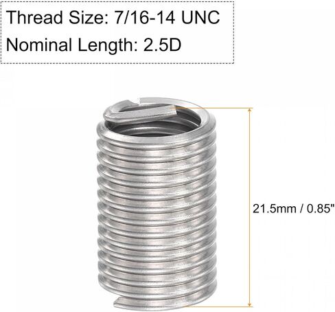 Uxcell سلك الموضوع إدراج 7/16-14 UNC 2.5D 304 الفولاذ المقاوم للصدأ حلزوني نوع ملفوف سلك المسمار إصلاح الخيوط كم الصلب غمد 10 قطعة in Kuwait