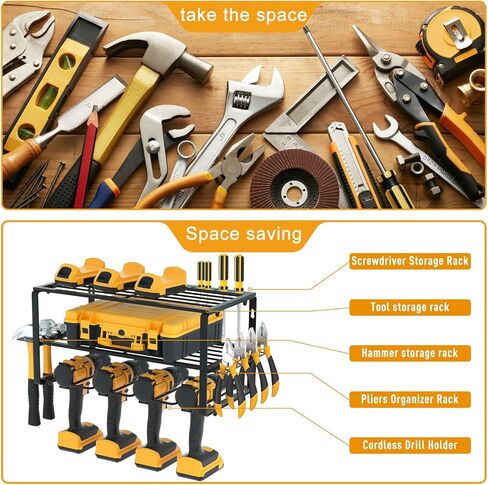 اريتلي منظم ادوات كهربائية - 4 حوامل للمثقاب، رف ادوات عائم من 3 طبقات، منظم ادوات معدني لاسلكي شديد التحمل، قاعدة شحن ممتازة للمثقاب ورف تخزين للمراب in Kuwait