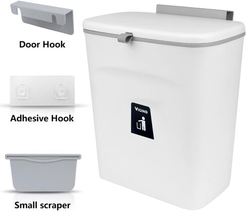 VIGIND 9L/2.4 Gallon Hanging Trash Can for Kitchen Cabinet Door with Lid, Small Under Sink Garbage Can,Trash Bin for Bathroom, Wall Mounted Counter Waste Compost Bin, Plastic  (White) in Kuwait