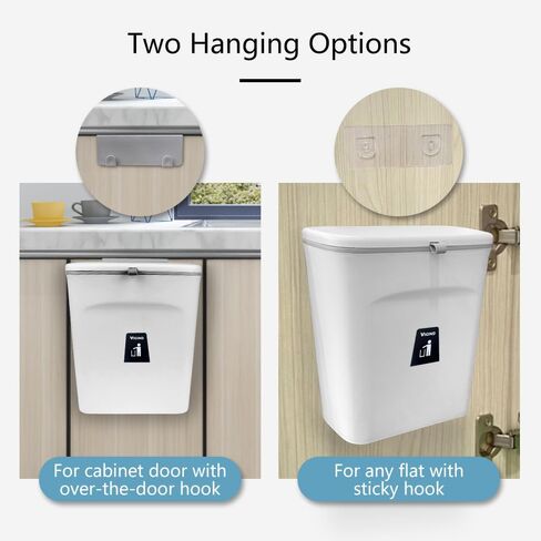 VIGIND 9L/2.4 Gallon Hanging Trash Can for Kitchen Cabinet Door with Lid, Small Under Sink Garbage Can,Trash Bin for Bathroom, Wall Mounted Counter Waste Compost Bin, Plastic  (White) in Kuwait
