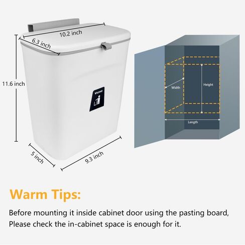 VIGIND 9L/2.4 Gallon Hanging Trash Can for Kitchen Cabinet Door with Lid, Small Under Sink Garbage Can,Trash Bin for Bathroom, Wall Mounted Counter Waste Compost Bin, Plastic  (White) in Kuwait