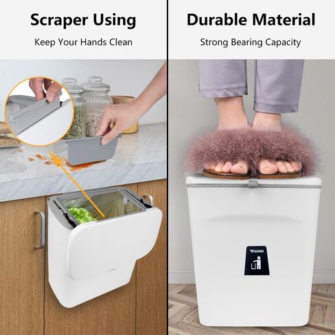 VIGIND 9L/2.4 Gallon Hanging Trash Can for Kitchen Cabinet Door with Lid, Small Under Sink Garbage Can,Trash Bin for Bathroom, Wall Mounted Counter Waste Compost Bin, Plastic  (White) in Kuwait