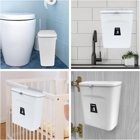 VIGIND 9L/2.4 Gallon Hanging Trash Can for Kitchen Cabinet Door with Lid, Small Under Sink Garbage Can,Trash Bin for Bathroom, Wall Mounted Counter Waste Compost Bin, Plastic  (White) in Kuwait