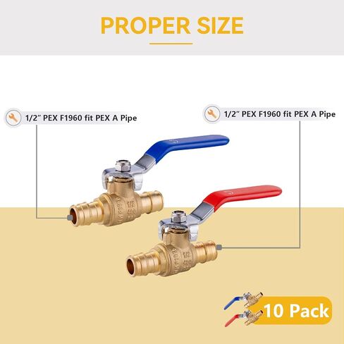 GUOFIS 1/2 بوصة PEX صمام كروي للتوسيع، 10 عبوات (5 أحمر/ساخن و5 أزرق/بارد) صمام إغلاق نحاسي، F1960 PEX صمام كروي توسيع لمياه الشرب in Kuwait