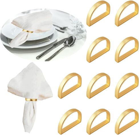 حلقات المناديل الذهبية - 10 قطع من حلقات المناديل المصنوعة من الفولاذ المقاوم للصدأ، حلقة منديل معدنية لإعدادات الطاولة وطاولة العشاء وحفلات الزفاف والكريسماس (نصف دائرة ذهبية غير لامعة) in Kuwait