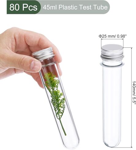 YOKIVE 80 قطعة أنبوب اختبار بلاستيكي 45 مل مع أغطية لولبية، غطاء ألومنيوم | رائعة لتزيين المنزل، والمختبر، والاستخدام اليومي (شفاف، 140 × 25 مم) in Kuwait