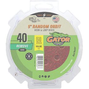 Gator 5" Random Orbit Hook & Loop Red Resin Aluminum Oxide Sanding Discs, 8-Hole, 40 Grit, 50 Pack