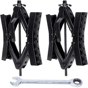 RV Camper Chocks Wheel X Stabilizer Sets for Travel Trailers, Wheel Chock Scissor 2 Sets Tire Locking Chocks Accessories with Wrench (3.5“-12"), hex socket, drill bit, And 2 Pcs RV Yellow Wheel Chocks