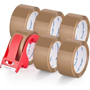 JARLINK 6 Rolls Brown Packing Tape with Dispenser, Heavy Duty Packaging Tape Refills for Shipping Packaging Mailing, 2.6mil Thick, 1.88 inches Wide, 60 Yards Per Roll, 360 Total Yards