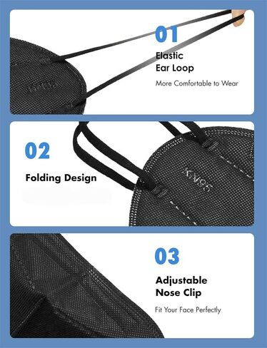 LEMENT 25pcs KN95 Face Mask Black 5 Layer Cup Dust Safety Masks Filter Efficiency≥95% Breathable Elastic Ear Loops Black Masks in Kuwait