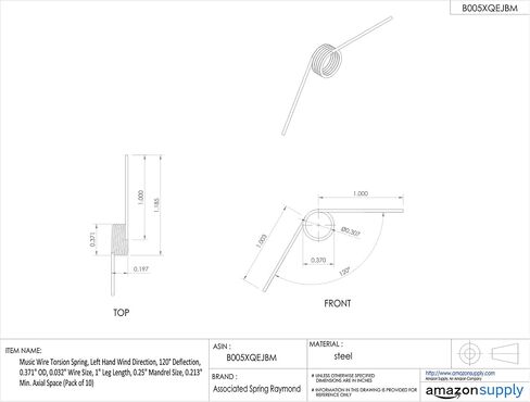 Music Wire Torsion Spring, Left Hand Wind Direction, 120° Deflection, 0.371" OD, 0.032" Wire Size, 1" Leg Length, 0.25" Mandrel Size, 0.213" Min. Axial Space (Pack of 10) in Kuwait