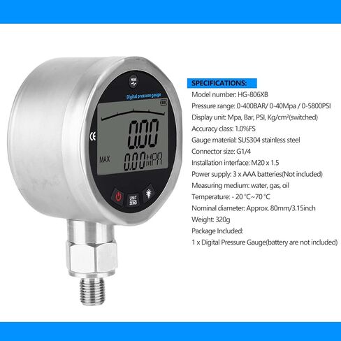 مقياس الضغط الهيدروليكي الرقمي، 3.15 مقياس ضغط من الفولاذ المقاوم للصدأ 10000PSI 400BAR جهاز قياس الضغط الهيدروليكي مع موصل G1/4 in Kuwait