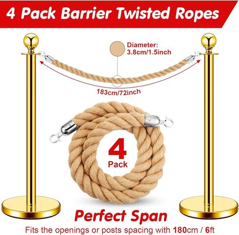 4 Pack Hemp Barrier Twisted Ropes 6 Feet with Stainless Steel Silver Hooks Crowd Control Stanchion Rope Post Queue Braided Hemp Rope Barrier for Movie Theaters, Grand Openings, Celebrations in Saudi Arabia