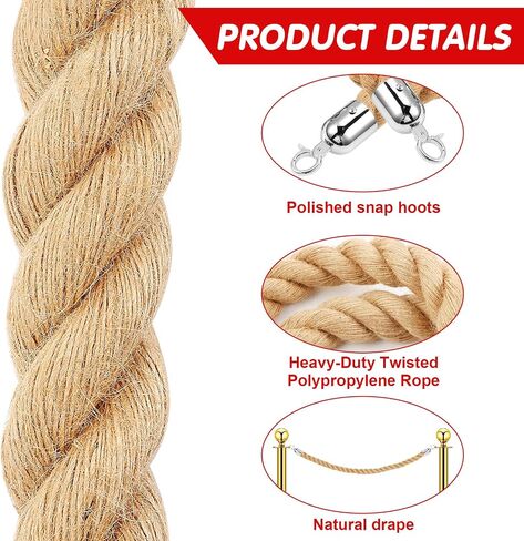 4 Pack Hemp Barrier Twisted Ropes 6 Feet with Stainless Steel Silver Hooks Crowd Control Stanchion Rope Post Queue Braided Hemp Rope Barrier for Movie Theaters, Grand Openings, Celebrations in Saudi Arabia