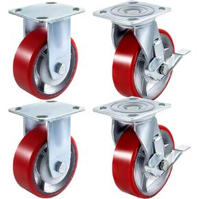 VEVOR Caster Wheels Set of 4, 6" Heavy Duty Casters (2 Rigid and 2 Swivel Casters with Side Brake) Polyurethane Iron Core Plate 4000LBS Capacity in Kuwait