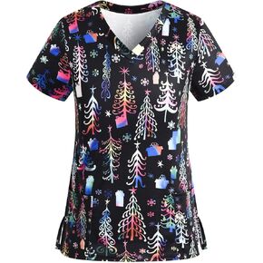Christmas Scrub Tops Women Cute Vneck Santa Claus Snowman Xmas Printed Nurse Working Uniforms Holiday Pocketed Tshirt in Kuwait