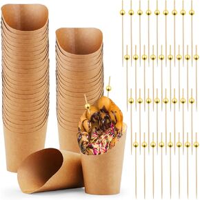 50 Pcs Charcuterie Cups with 50 Pcs Cocktail Picks, 14oz Brown French Fry Holder Cups, Disposable Appetizers Cups, Kraft Paper Snack Cups, Popcorn Boxes for Party