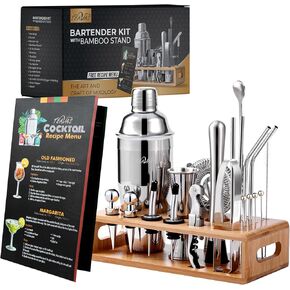 TEAVAS Mixology Bartender Kit with Japanese Jigger & Stand - 25 Piece Stainless Steel Cocktail Making Set with Shaker, Strainer, Mixer, Spoon, Muddler -Barware Accessories for Home Bars & Bartending