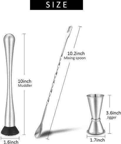Stainless Steel Muddler for Cocktails,Mixing Spoon and Measuring Jigger,Professional Bar Tools,10-inch Bar Muddler for Making Mojitos,Margaritas and Other Fruit Based Drinks. in Saudi Arabia