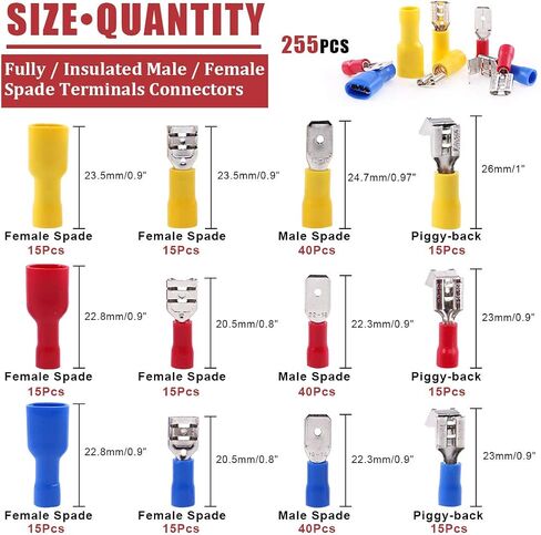Hilitchi 255Pcs 22-16/16-14/12-10AWG Fully Insulated Female/Male Spade Quick Wire Crimp Terminals Connectors Kit in Saudi Arabia