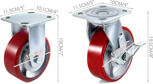 فيفور مجموعة من 4 عجلات شديدة التحمل مقاس 6 انش (عجلتان صلبتان وعجلتان دوارتان مع فرامل جانبية) لوحة قلب من حديد البولي يوريثين بسعة 4000 باوند in Kuwait