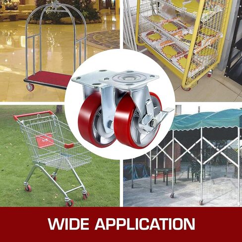 فيفور مجموعة من 4 عجلات شديدة التحمل مقاس 6 انش (عجلتان صلبتان وعجلتان دوارتان مع فرامل جانبية) لوحة قلب من حديد البولي يوريثين بسعة 4000 باوند in Kuwait